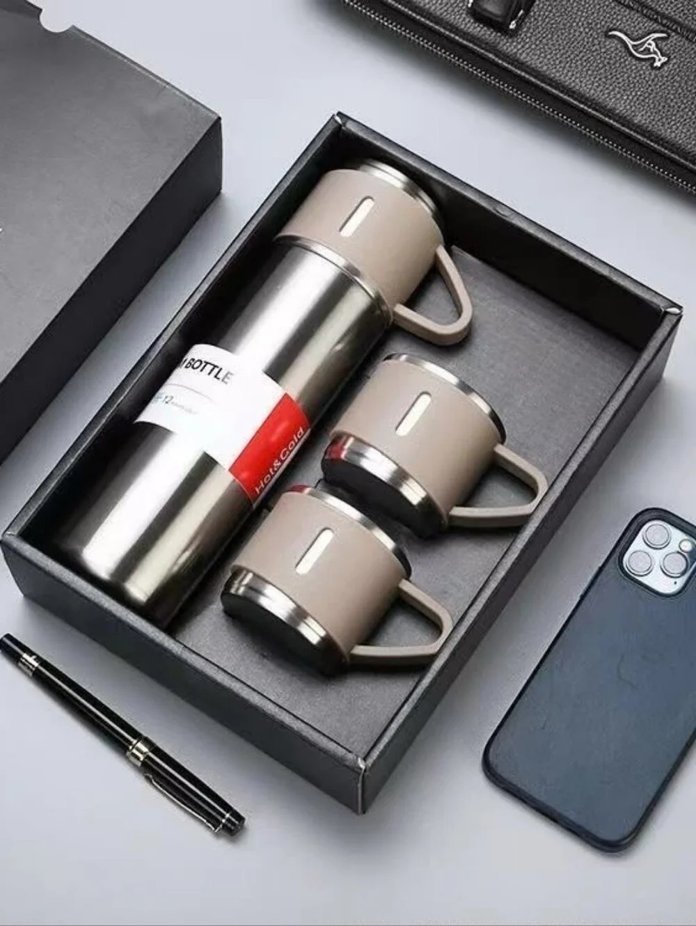 Stainless Steel Travel Bottle and Two Mugs - Taupe Accents